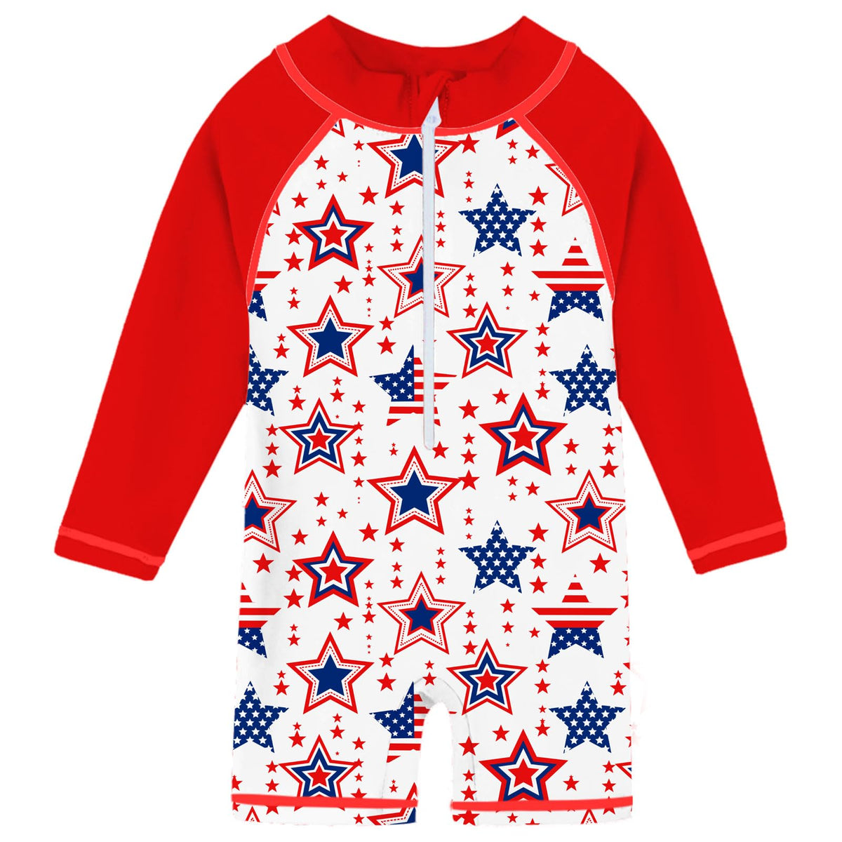 Toddler boys Red Star print rash guard swimsuit with long sleeves, front zipper and colorful design for summer swimming and vacations.