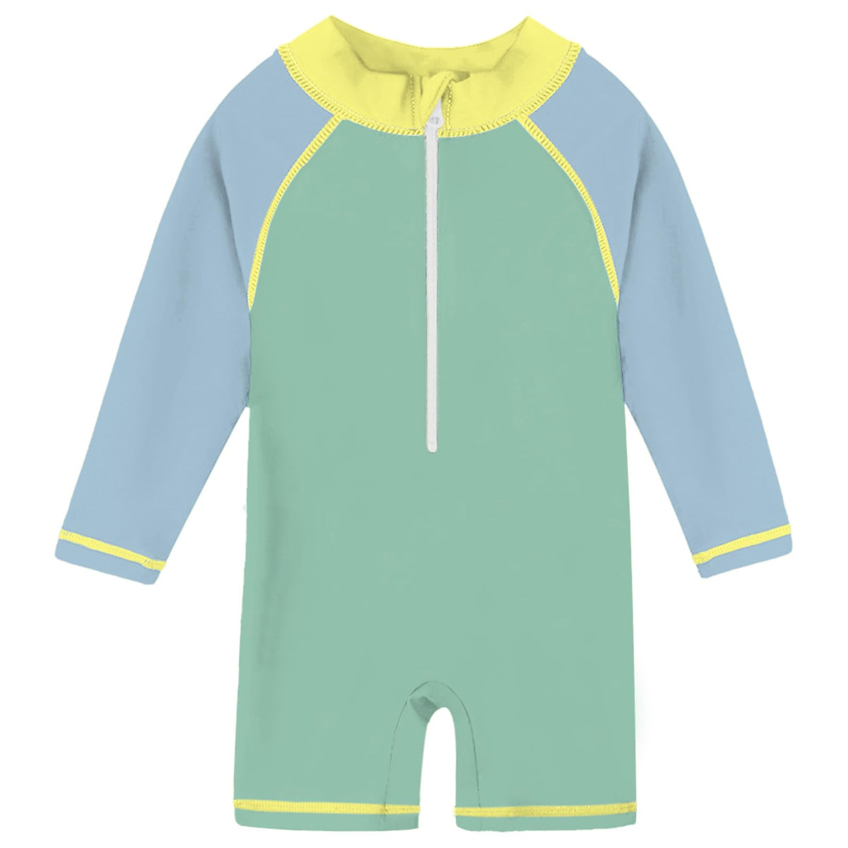 Toddler sage green colorblock rash guard swimsuit with long sleeves and easy zip front design for pool, beach and vacation wear.