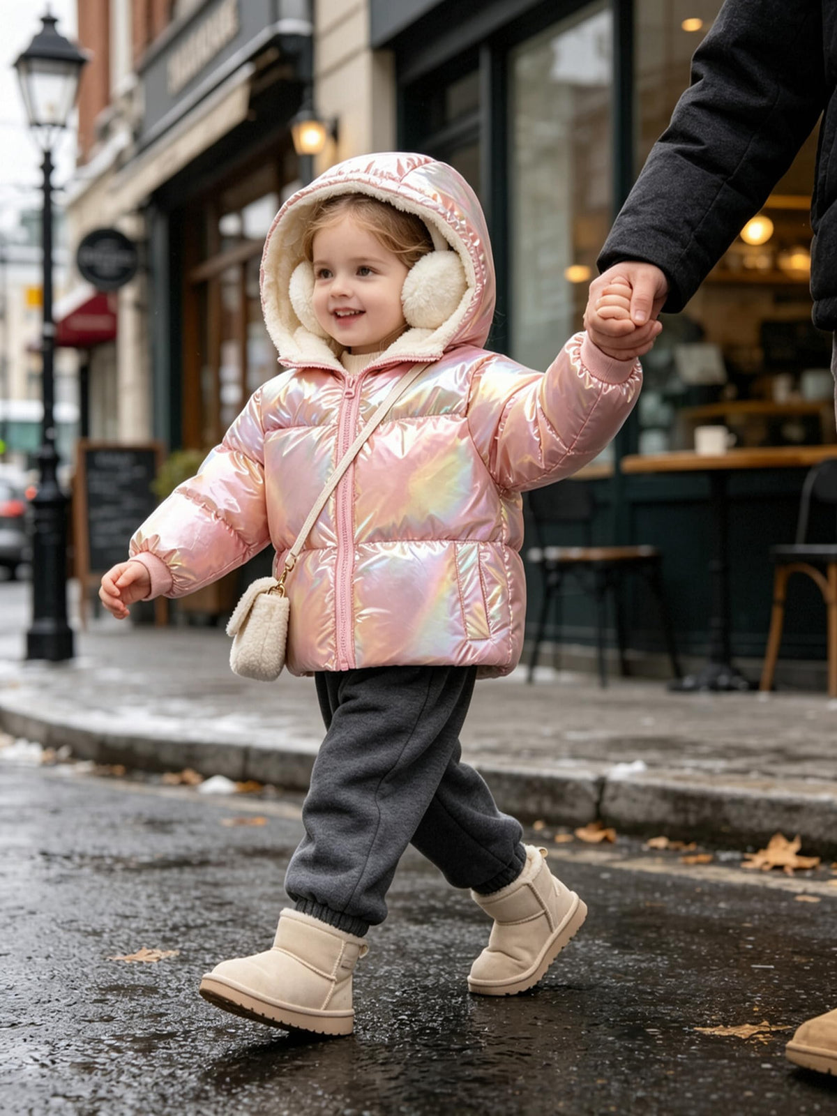 Toddler girl wearing a shimmer puffer jacket outdoors, showing the cozy hooded design and comfortable winter outfit style.