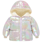 Toddler girls white shimmer puffer coat with hood, soft lining and lightweight warmth for school, travel and winter outdoor activities.