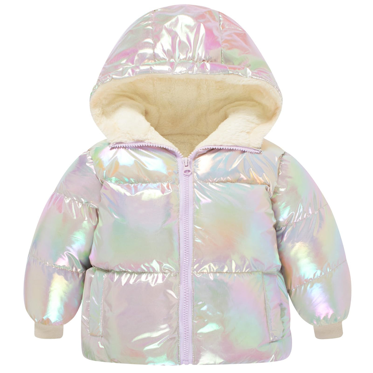 Toddler girls white shimmer puffer coat with hood, soft lining and lightweight warmth for school, travel and winter outdoor activities.
