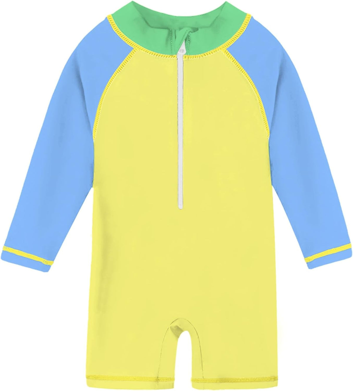 Toddler yellow colorblock long sleeve rash guard swimsuit with front zipper and UPF 50+ coverage for beach, pool and summer water play.