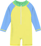 Toddler yellow colorblock long sleeve rash guard swimsuit with front zipper and UPF 50+ coverage for beach, pool and summer water play.
