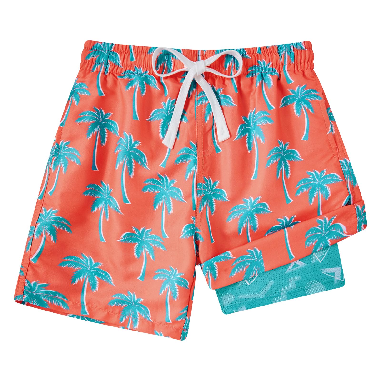 pink tropical print swim trunks for boys beach vacation outfits