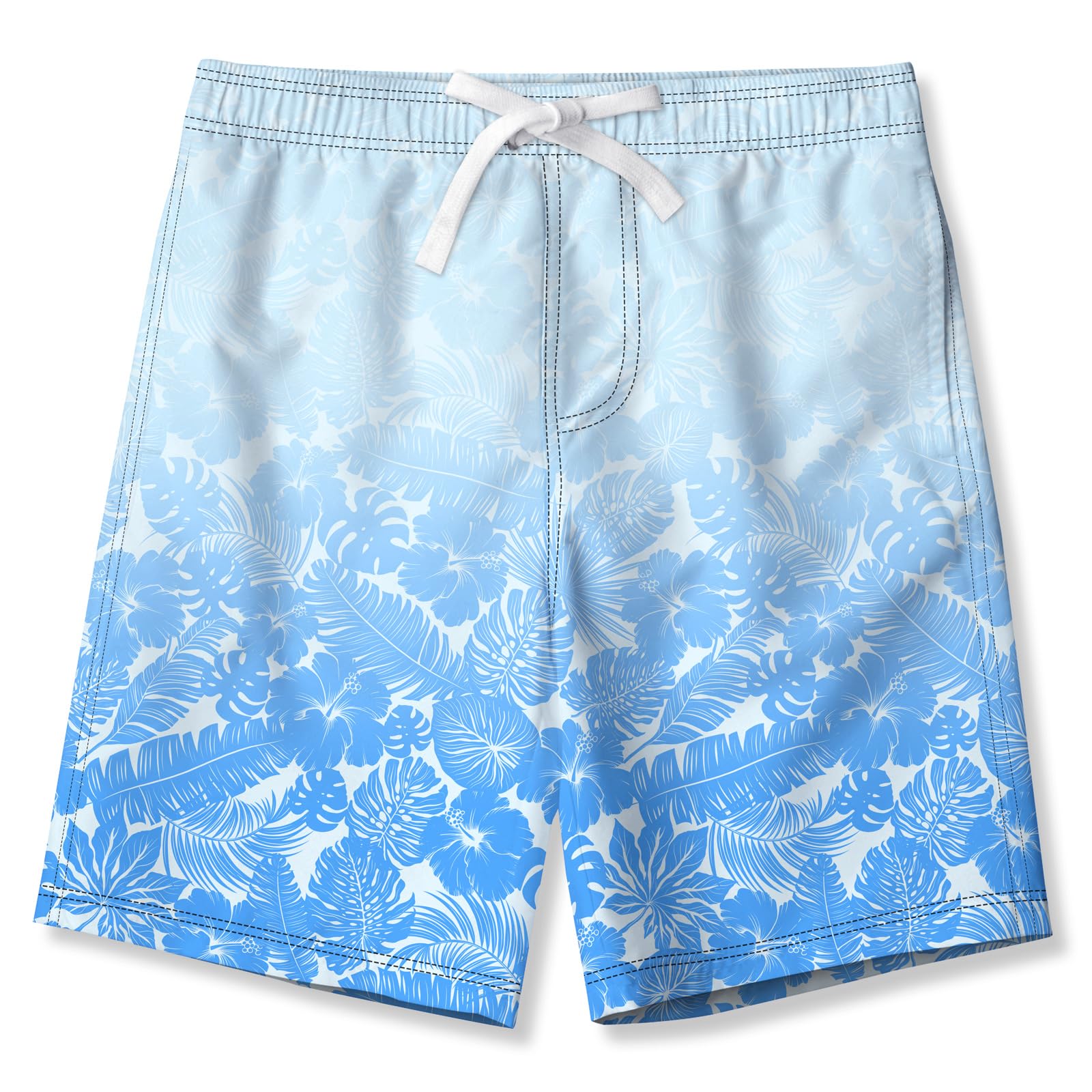 Boys blue gradient swim trunks with built-in liner and drawstring waist, stylish swim shorts for kids.