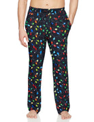 Men's black Christmas lights lounge pants with festive holiday print, relaxed fit, elastic waistband and soft polyester fabric for home wear.