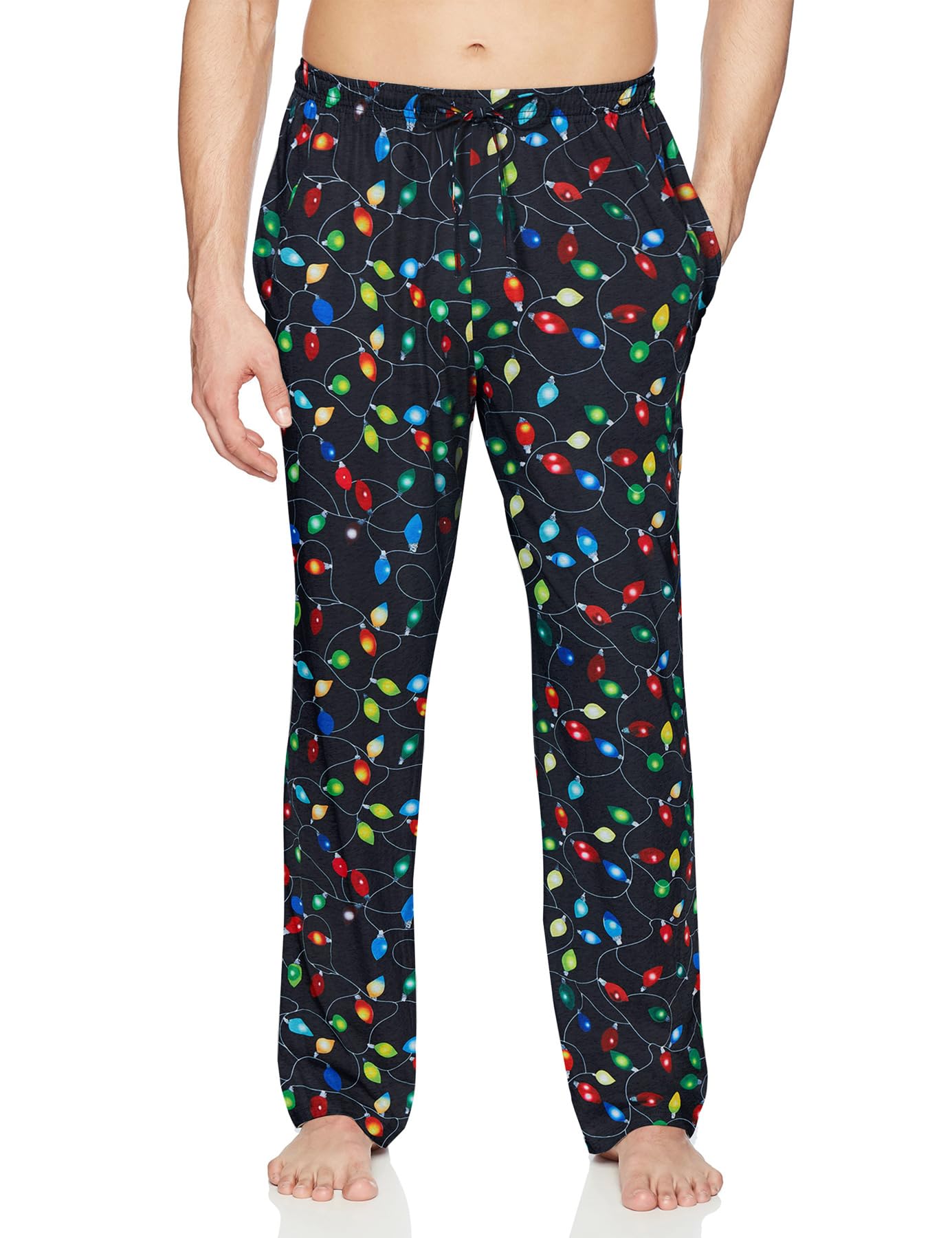 Men's black Christmas lights lounge pants with festive holiday print, relaxed fit, elastic waistband and soft polyester fabric for home wear.