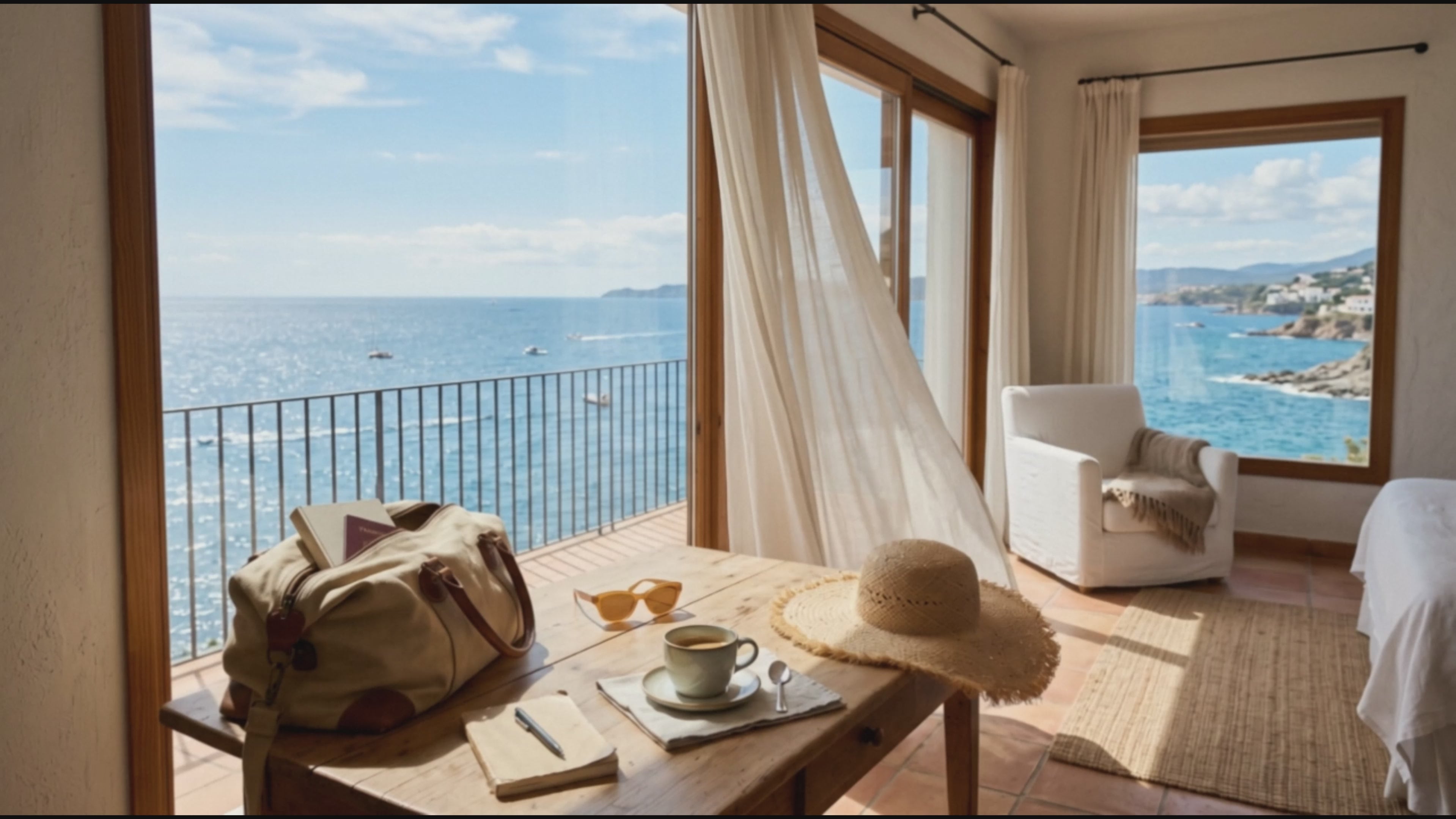 A sunlit seaside room with ocean views, flowing curtains, a travel bag, coffee and a straw hat.