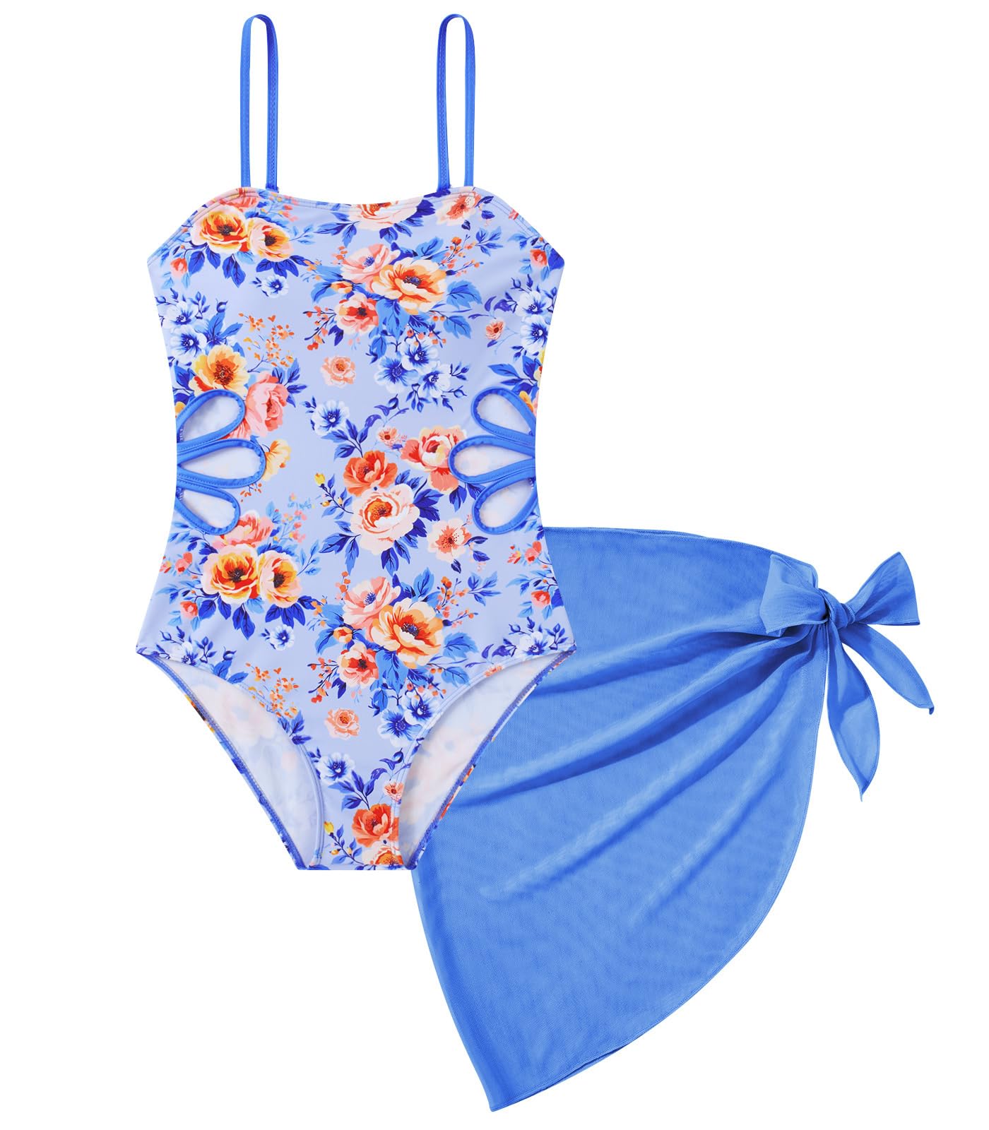 blue floral girls one piece swimsuit with wrap cover-up
